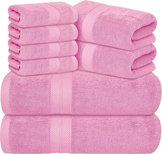Avalon Towels Luxury 8 Piece Pink Towels Set, 2 Bath Towels, 2 Hand Towels and 4 Washcloths, 600 GSM 100% Ring Spun Cotton Highly Absorbent Pink Bathroom Towels, Ideal for Hotel, Spa and Gym