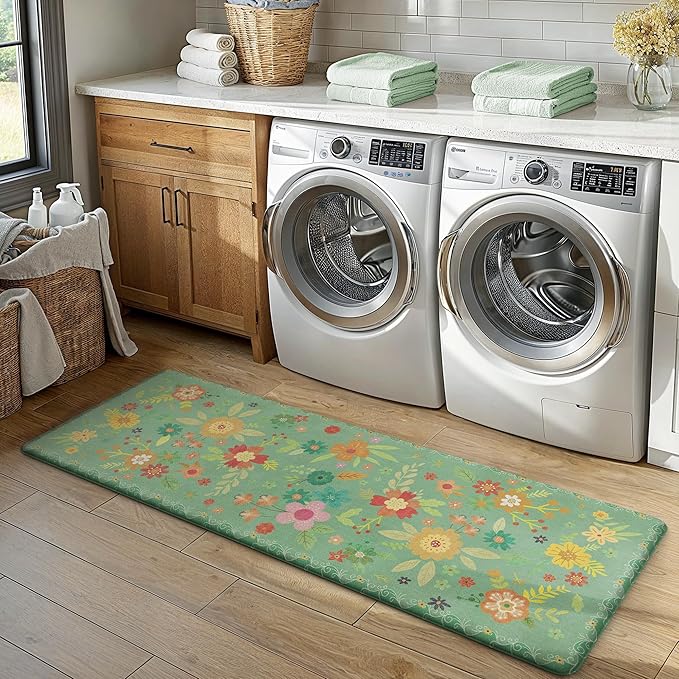 GENIMO Kitchen Mats for Floor 2PCS, Cushioned Kitchen Rugs Non Slip Washable, Farmhouse Anti Fatigue Mat Waterproof, Comfort Standing Mat Rug for Office, Home, Laundry, 17.3"x47"+17.3"x30", LightGreen