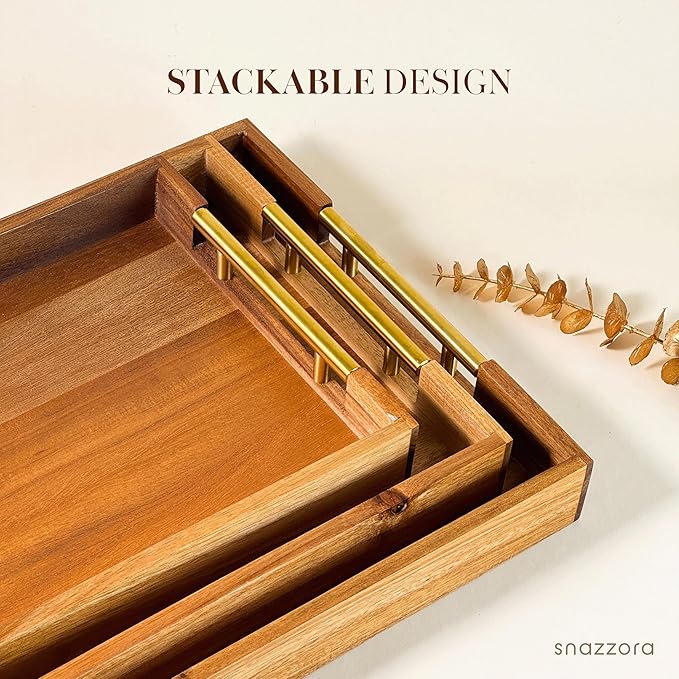 Acacia Wood Serving Tray - Set of 3 with Golden Steel Handles 18", 16" & 14" with 6 Coasters - for Coffee Table, Ottoman in Living Room, Breakfast in Bed, Jewelry, Decorative