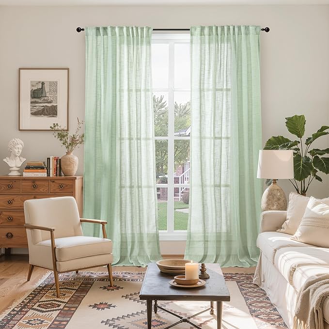 YoungsTex Sage Green Linen Semi Sheer Curtains 84 Inch Length for Living Room, Rustic Light Filtering Window Treatments Textured with Rod Pocket Back Tab for Bedroom Dining, 2 Panels, 52 X 84 Inch