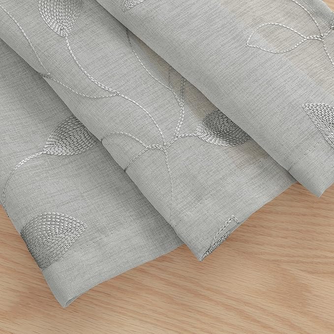 HOMEIDEAS Grey Sheer Kitchen Curtains 30 X 36 Inch Length 2 Panels Embroidered Leaf Pattern Short Curtains for Small Window Valance Tiers