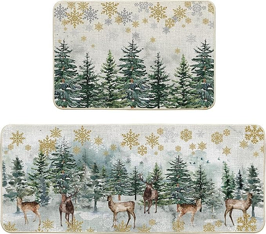 Artoid Mode Xmas Trees Deer Snowflakes Christmas Kitchen Mats Set of 2, Winter Home Decor Low-Profile Kitchen Rugs for Floor - 24x35 and 24x59 Inch