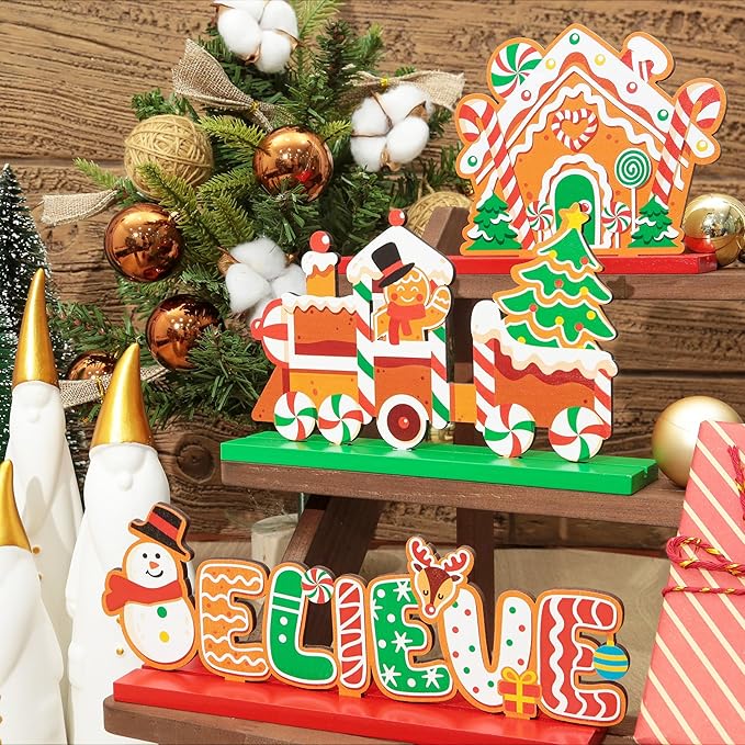 6PCS Christmas Table Decorations, Gingerbread Style Wooden Christmas Decorations, Seasonal Holiday Centerpieces, Winter Tabletop Display for Holiday Celebration, Xmas Home Decor