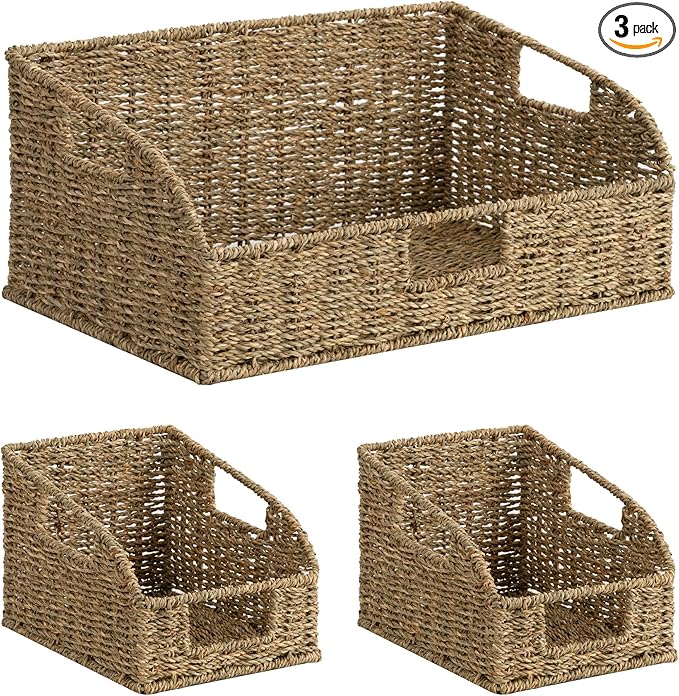 StorageWorks Seagrass Pantry Storage Baskets, Wicker Baskets with Built-in Handles, Handwoven Shelf Baskets for Organizing, Pantry Organizers and Storage, 3 Pack