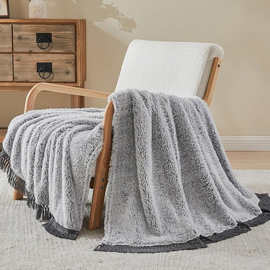 EMME Soft Sherpa Fleece Blanket with Tassel, Reversible Plush Fluffy Large Blanket, Light Weight Warm Decorative Boho Blanket Cover for Sofa, Couch, Bedroom,Travel(Tassel Grey,108"x90")