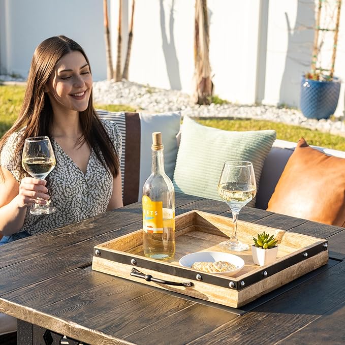 16"x16" Large Square Ottoman Tray, Heavy Duty Mango Wood, for Serving Tea, Breakfast in Bed, Living Room Large Coffee Table Tray Rustic with Farmhouse Style, Decorative Handles and Accent Strap