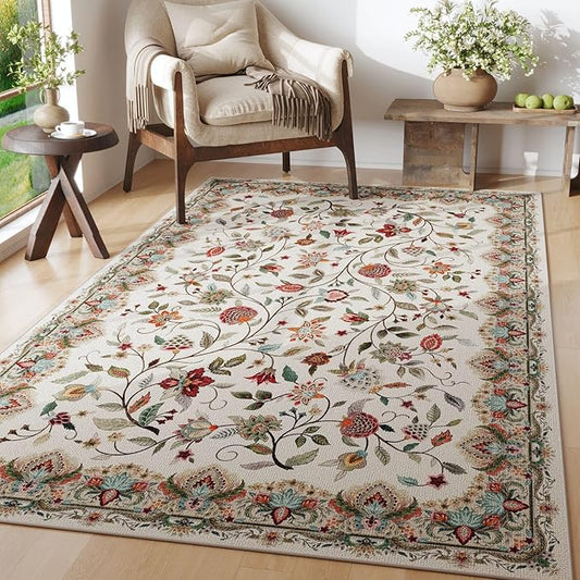 Rugcomf Vintage Paisley Rugs for Bedroom 4'x6' - Machine Washable Area Rug, Non-Slip Low Pile Floral Carpet for Girl/Boys Room, Living Room, Kids, Entry - Beige