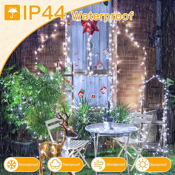 Ollny Christmas Lights Outdoor 200LED 60FT, Cool White Connectable Plug in Fairy Light Indoor, 8 Modes Waterproof Timer Plug in LED String Lights for House Outside Bedroom Patio Balcony