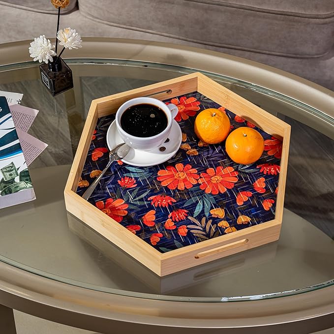 PEMAR 15.7" Hexagonal Bamboo Tray for Serving Coffee, Breakfast, Bread, Food, Art Decor. Decorative Pattern Tray for Coffee Table, Kitchen Counter, Vanity, Bedroom, Ottoman, Home Decor (Flowers)