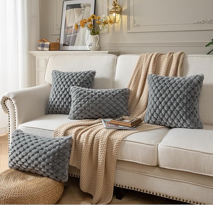 Pack of 2 Super Soft Throw Pillow Covers 16x16 Inch Faux Fur Plush Pillowcase Luxury Cozy Fluffy Decorative Cushion Cover for Sofa Couch Bed Livingroom Darkgrey