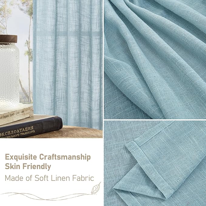 LAMIT Linen Curtains for Living Room 84 inch Length 2 Panels, Light Filtering Semi Sheer Panels Back Tab and Rod Pocket Farmhouse Drapes for Bedroom/Sliding Glass Door, Stone Blue, 52 x 84 Inch
