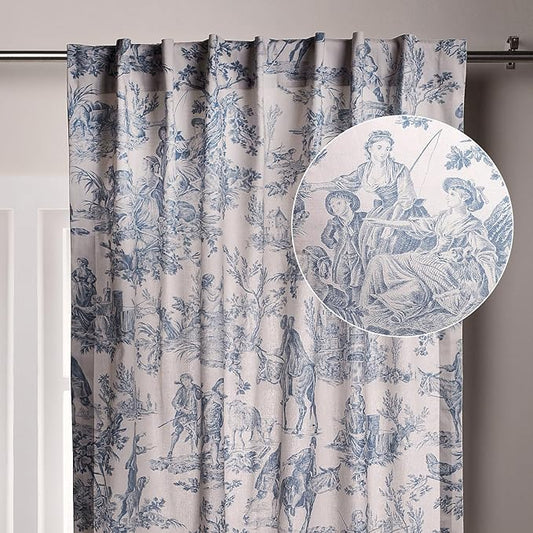 Maison d' Hermine Curtains for Living Room 100% Cotton 84 inch Length One Panel Light Filtering Toile Curtains for Bedroom Windows with Rod and Loop Pockets Drapes (The Miller Denim, 50" W x 84" L)