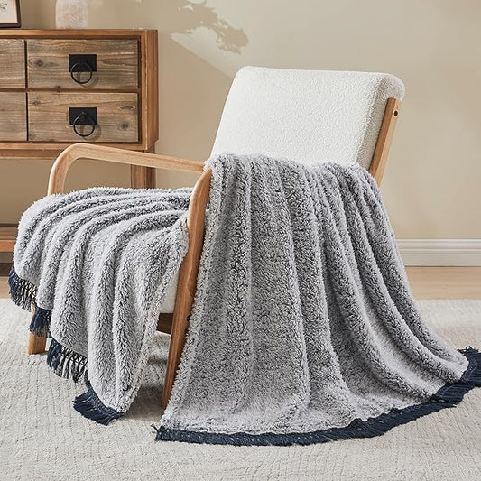 EMME Soft Sherpa Fleece Blanket with Tassel, Reversible Plush Fluffy Large Blanket, Light Weight Warm Decorative Boho Blanket Cover for Sofa, Couch, Bedroom,Travel(Tassel Navy,108"x90")