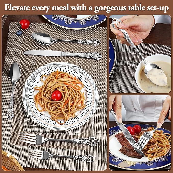 Silverware Set, 30 Pieces Retro Royal Silverware Set for 6, Anti-rust Stainless Steel Flatware Set Including Fork Spoon and Knife, Dishwasher Safe, Silver