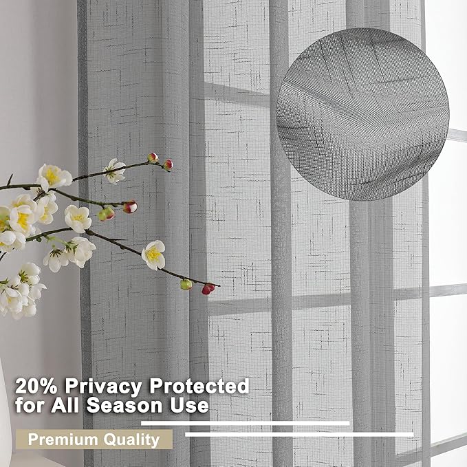 Aiyufeng Grey Sheer Curtains 45 Inch Length 2 Panels, Short Linen Curtains for Kitchen, Small Window Curtains Window Treatment Privacy with Light Filtering for Cafe/Bathroom, Each 30Wx45L Inch, Gray