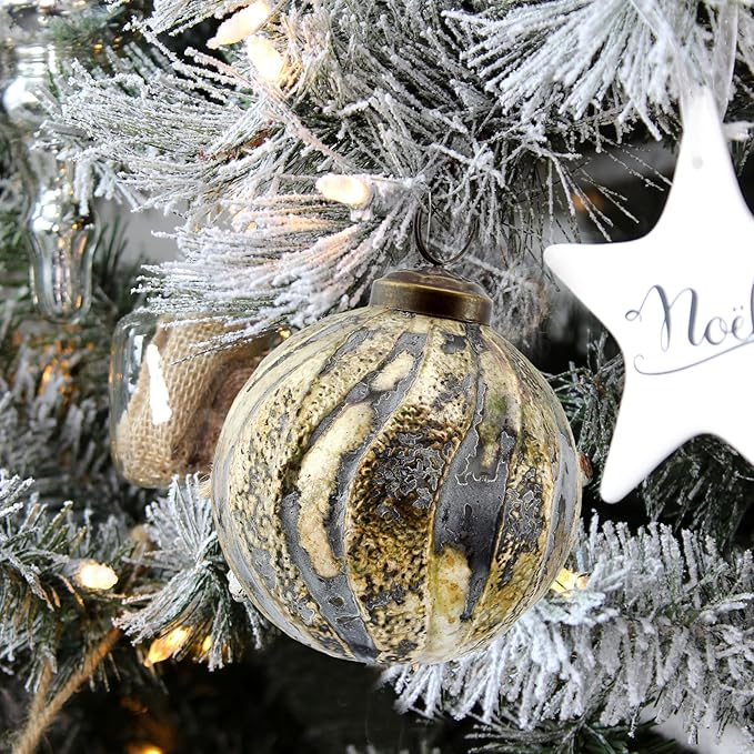 AuldHome Design Farmhouse Ball Ornaments (Set of 6, Antique Gold); Distressed Metal Glass Ball Vintage Style Christmas Decorations