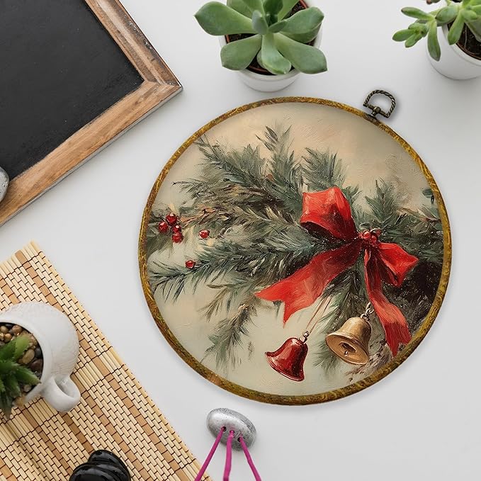 XPH Rustic Christmas Round Wall Art Framed, Winter Coquette Red Bow Bell Botanical Circle Wall Decor, Farmhouse Christmas Hanging Canvas Prints for Home Bedroom Living Room Decoration, 10x10 Inch