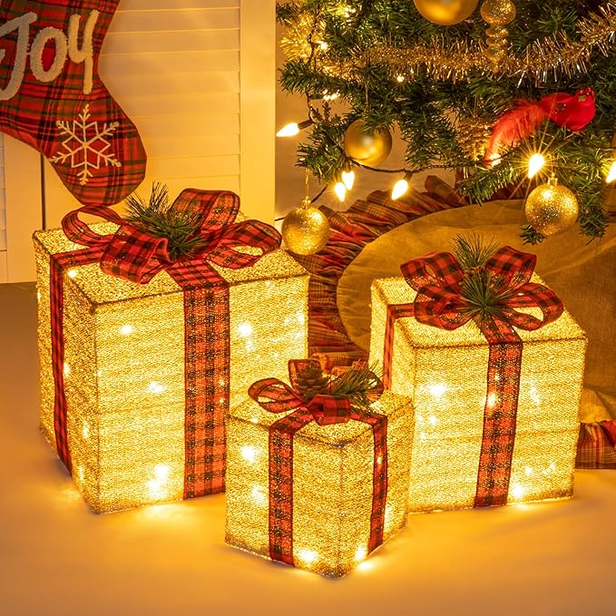 Sunnyglade 10"-8"-6" Set of 3 Christmas Lighted Gift Boxes Decoration Boxes with Plug, Bows, Artificial Pine Leaves and Pine Cones for Christmas, Weddings Yard Home Holiday Art Decoration