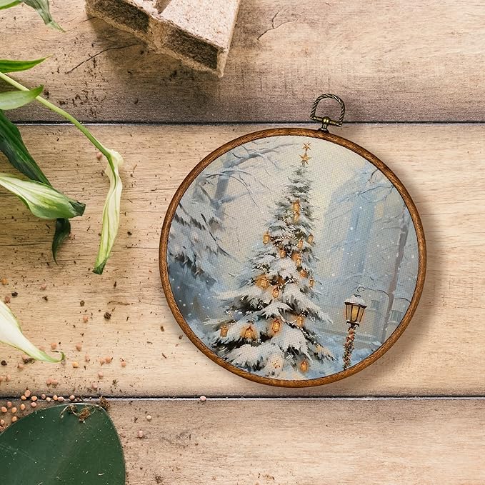 KSDUT Vintage Christmas Wall Decor Art - Retro Snow Christmas Tree Wall Art Canvas Frame Hanging Prints, Merry Xmas Holiday Round Wall Art Decor for Home Farmhouse Decorations 10"x10"