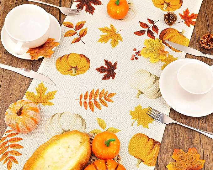YATOJUZI Maple Leaf Pumpkin Table Runner - Fall Autumn Table Runners Home Kitchen Dining Table Decorations Decor for Thanksgiving Day Party - 13x72 Inch