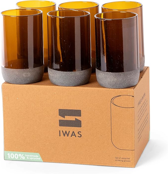 IWAS Upcycled Tall Auburn Drinking Glasses | 350 ML | 12 OZ | Set of 6 | Sustainable Water and Juice Glass For Home | Light Brown Cup | Thick High Ball Modern Amber Glassware | Better Than Recycled