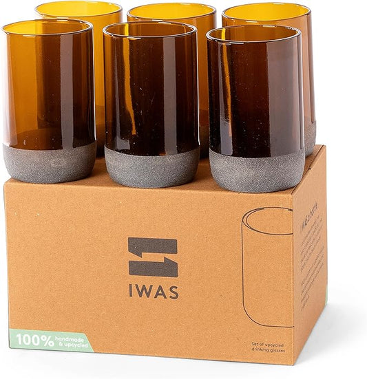 IWAS Upcycled Tall Auburn Drinking Glasses | 350 ML | 12 OZ | Set of 6 | Sustainable Water and Juice Glass For Home | Light Brown Cup | Thick High Ball Modern Amber Glassware | Better Than Recycled