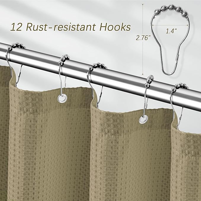 84 inch Long Shower Curtain Waffle Textured Fabric Shower Curtains, 256GSM Heavy Duty Weighted Shower Curtains, Hotel Quality Luxury Polyester Bathroom Curtain with 12 Hooks, 72Wx84H