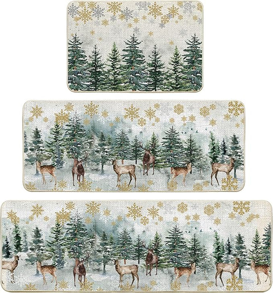 Artoid Mode Xmas Trees Deer Snowflakes Christmas Kitchen Mats Set of 2, Winter Home Decor Low-Profile Kitchen Rugs for Floor - 24"x36"+24"x59"+24"x72"