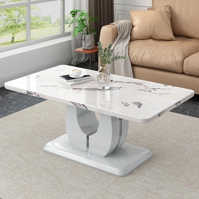 LKTART Rectangle Coffee Table for Living Room, Imitation Marble Coffee Tables with Storage, Modern Stable Base Accent Center Tea Table for Small Space Apartment (43.3''L×22.4''W-White,Grey)