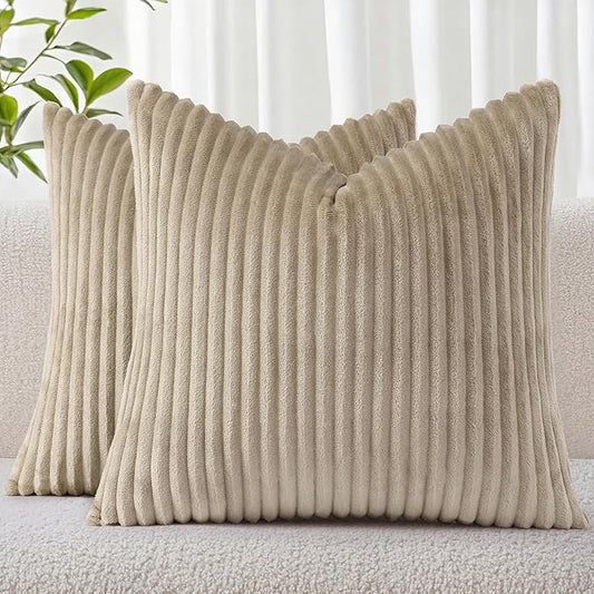 Simmore Decorative Fall Throw Pillow Covers 20x20 Set of 2, Soft Natural Plush Flannel Double-Sided Fluffy Couch Pillow Covers for Sofa Living Room, Khaki