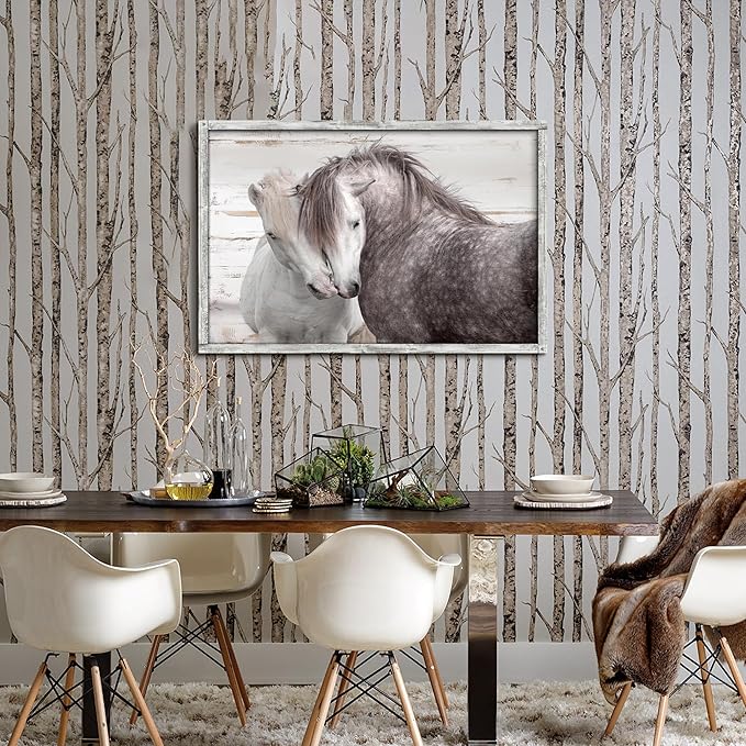 Horse Wall Art Wood Decor: Large Animal Framed Picture Rustic Horses Nuzzling Print Artwork Farmhouse Country Western Painting for Home Living Room Bedroom