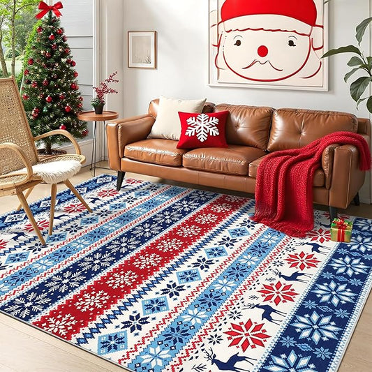 5x7 Christmas Area Rug Living Room Bedroom Large Xmas Decor Area Rug Indoor Washable Non-Slip Throw Floor Covers Boho Accent Rug Farmhouse Rug Festival Xmas Carpet for Dining Room, Blue