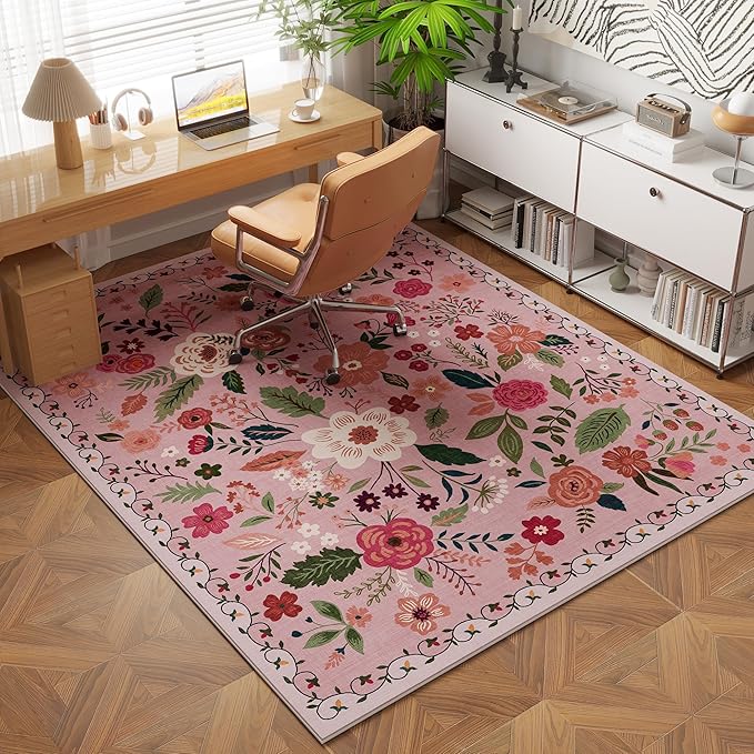 Rugcomf Bedroom Rug 3x5 Rug Washable Area Rug Non Slip Low Pile Boho Floral Small Carpet for Bedroom, Bedside, Kitchen, Entryway, Kids Room, Office, College Dorm Essentials for Girls(Pink)
