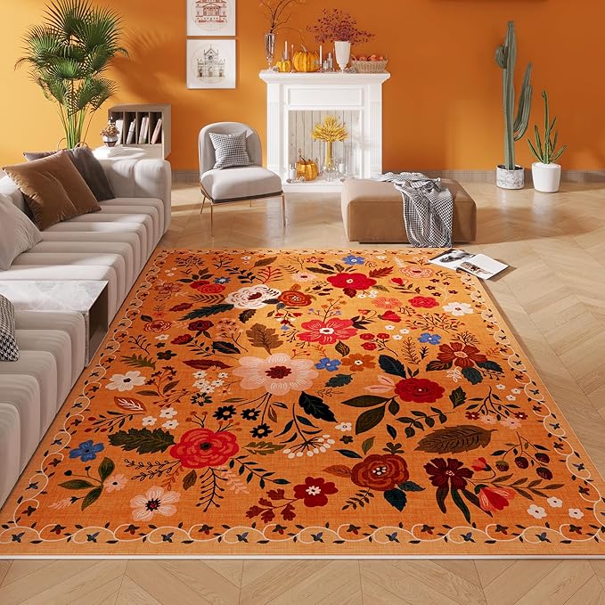 Rugcomf Area Rugs 8x10 Rug for Living Room Clearance Washable Boho Area Rug Non Slip Floral Vintage Low Pile Large Rug for Living Room, Bedroom, Farmhouse, Dining Room, Kids Playroom(Yellow)