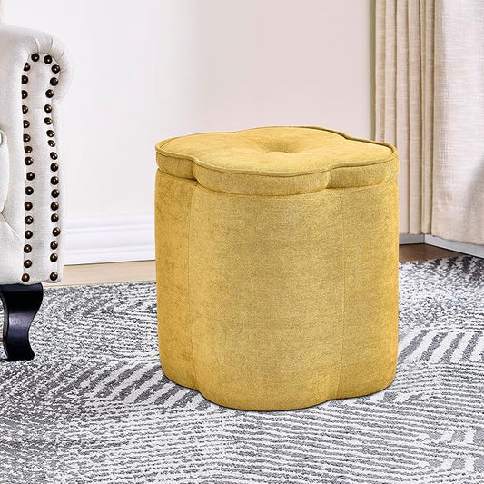Crestview Collection 18" Flower Foot Rest Ottoman with Storage,Chenille Fabric Pouf Ottoman for Home Decor, Vanity Stool, Extra Seating for Living Room, Bedroom, Entryway, Spice Yellow