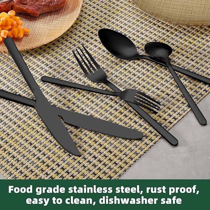 24 Pcs Black Silverware Set with Steak Knives, Food-Grade Stainless Steel Flatware Cutlery Set for 4, Mirror Polished Tableware Eating Utensils Set for Kitchen, Knife Fork Spoon Set, Dishwasher Safe
