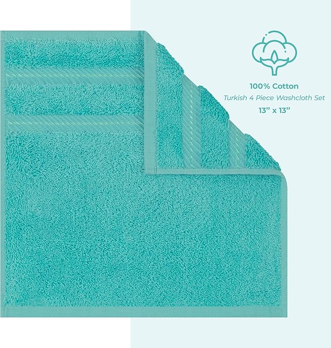 American Soft Linen Luxury Washcloths for Bathroom, 600 GSM 100% Cotton 4 Piece Turkish Wash Cloth Set, 13x13 in Soft Rags for Body and Face, Turquoise Blue Washcloths
