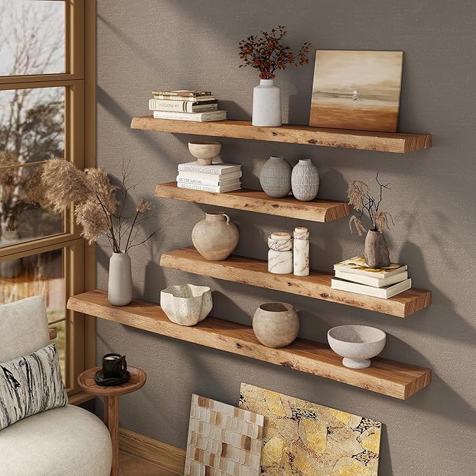 Marsmiles 72 inch Floating Shelves for Wall Elm Wood Live Edge Shelves Wall Mounted|Rustic Long Floating Shelves with Invisible Bracket for Bathroom Living Room Kitchen|Natural, 1 Pack