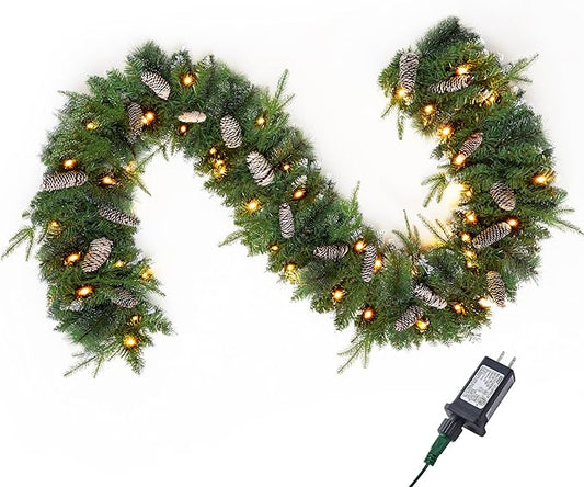 Joiedomi 9FT Christmas Flocked Garland (Cone) Pre Lit with 50 Count Warm White String Lights for Winter Christmas and Holidays, Decorated with Pine Cones, Plug in Lighted Pine Garland, Xmas Collection