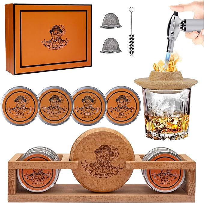 Cocktail Smoker Kit | Whiskey Smoker Kit | Bourbon Smkoer kit | Old Fashioned Smoker Kit for Men with Stand, Torch & Wood Chips | Whiskey Gift for Men (No Butane Incl.)