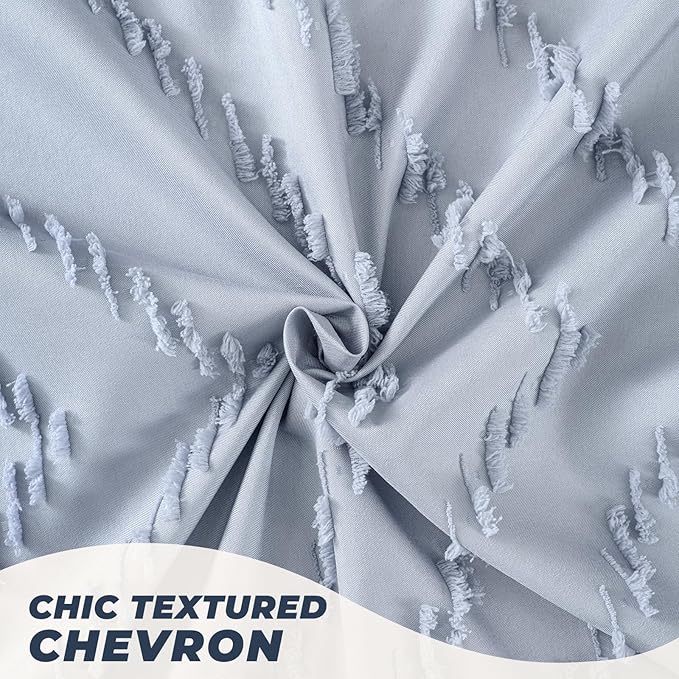 84inches Extra Long Light Blue Boho Fabric Shower Curtain Tufted Chevron Striped Textured Cloth Curtains for Bathroom, Fog Blue