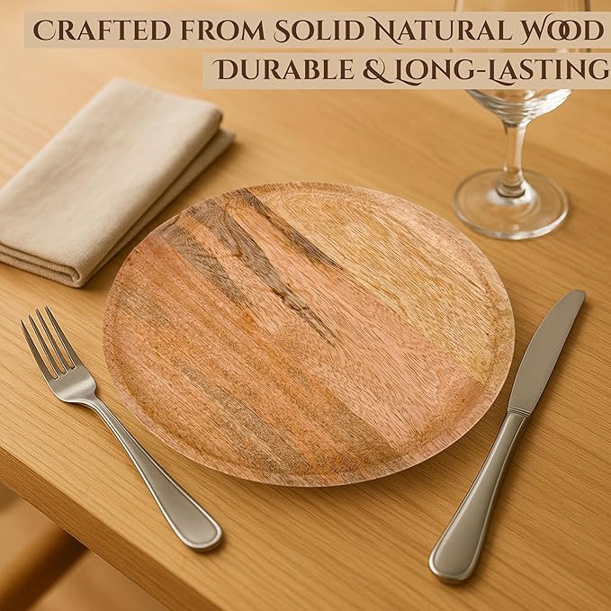 Alpha Living Home 13” Wooden Charger Plates - Set of 2, Handcrafted Round Rustic Dinnerware for Table Décor, Weddings, Thanksgiving, Parties, and Everyday Dining (Natural)