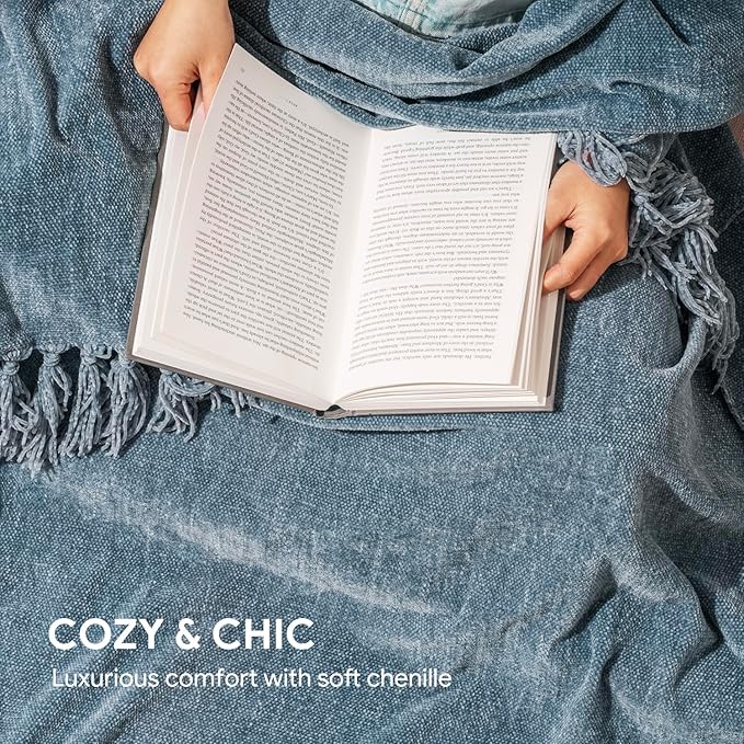 RECYCO Throw Blanket Soft Cozy Chenille Throw Blanket with Fringe Tassel for Couch Sofa Chair Bed Living Room Gift (Dusty Blue, 50'' x 60'')