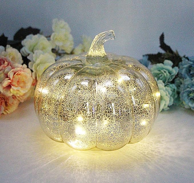 Fall Decor-Fall Decorations for Home Mercury Glass Pumpkin Light with Timer,Battery Operated Led Pumpkin Light,Ideal for Halloween Decoration, Thanksgiving Rustic Decor, Xmas Décor (Silver2)