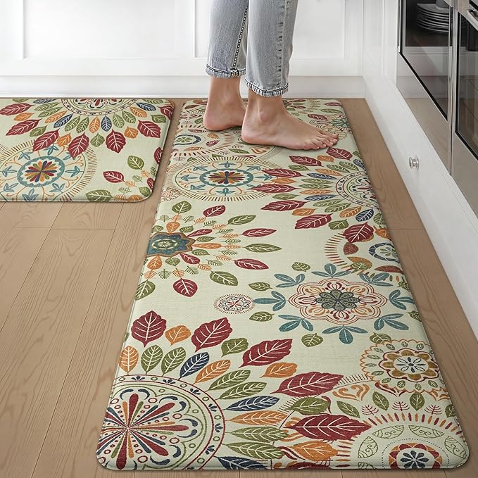 GENIMO Kitchen Mats for Floor 2PCS, Cushioned Kitchen Rugs Non Slip Washable, Farmhouse Anti Fatigue Mat Waterproof, Comfort Standing Mat Rug for Office, Home, Laundry, 17.3"x59"+17.3"x30", Beige&Red