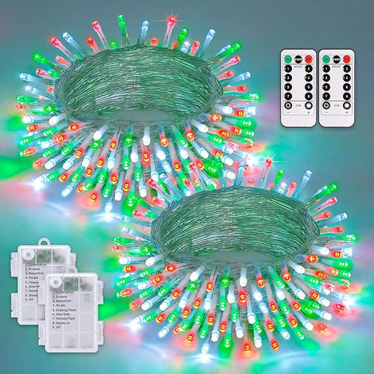 JMEXSUSS 2 Pack Red White and Green Christmas Lights Battery Operated, Each 33ft 100 LED Battery String Lights with Remote, Christmas String Lights for Tree Bedroom Porch Garland Yard Xms Decor