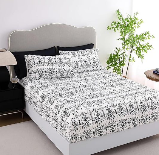 Twin Size Bed Sheets Set Deep Pockets - 6PC Floral & Swirl Ultra Soft Microfiber Bed Sheets - Easy to Clean, 90 Thread Count Sheets with Fitted Sheet, Flat Sheet & Pillowcases (Black/White Scroll)