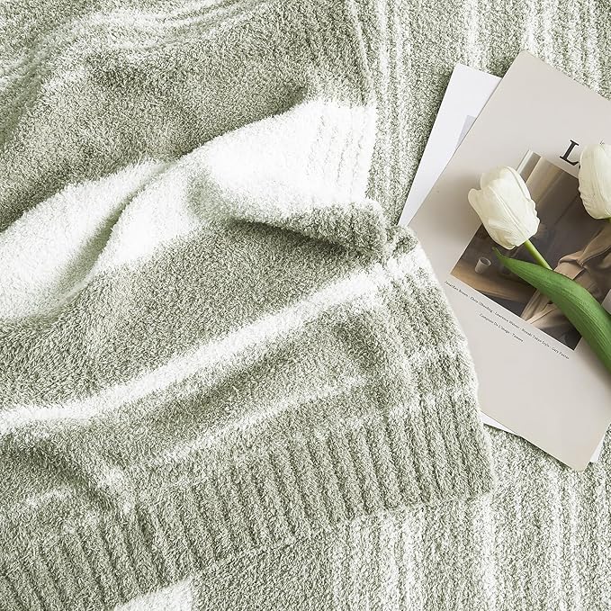 WRENGONGE Sage Green Throw Blanket, 50x70 Soft Cozy Striped Throw Blankets for Couch, Sofa, Bed, Travel, Lightweight Fluffy Warm Plush Decorative Blankets for Women, Men,Kids Gift