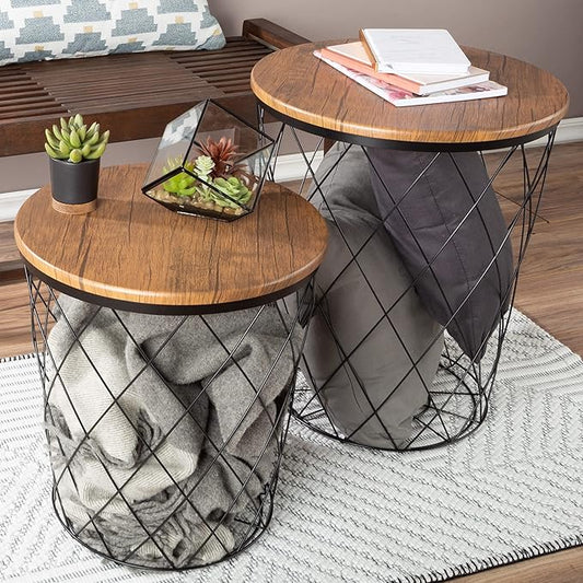 End Tables Set of 2 - Nesting Tables with Removable Wood Tops and Metal Basket Bases for Blanket Storage - Round Side Furniture for Living Room, Bedroom, or Home Office by Lavish Home (Brown)
