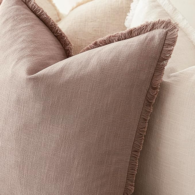 Foindtower Set of 2 Decorative Linen Fringe Throw Pillow Covers Boho Farmhouse Cushion Cover with Tassels Soft Accent Pillowcase for Couch Sofa Bed Living Room Home Decor,18×18 Inch,Dusty Pink
